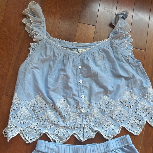 Calypso Womens Blue White Pajama Set Shorts Top New Embroidered Cotton Sz S - Picture 2 of 3